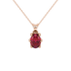 Oval cut raspberry red gemstone pendant, rose gold six prong setting.
