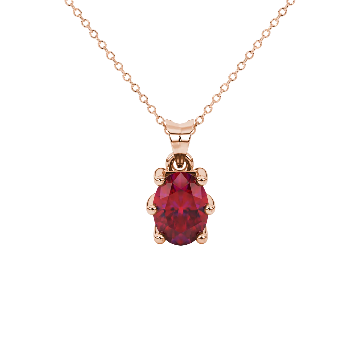 Oval cut raspberry red gemstone pendant, rose gold six prong setting.