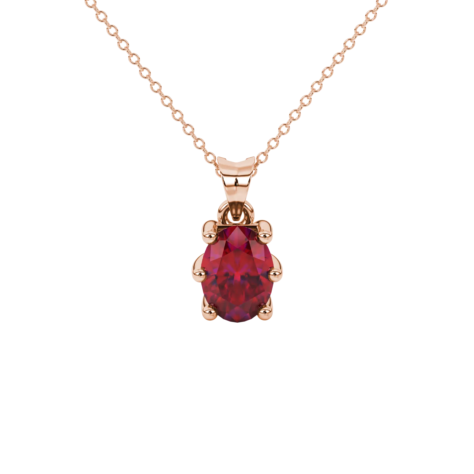 Oval cut raspberry red gemstone pendant, rose gold six prong setting.