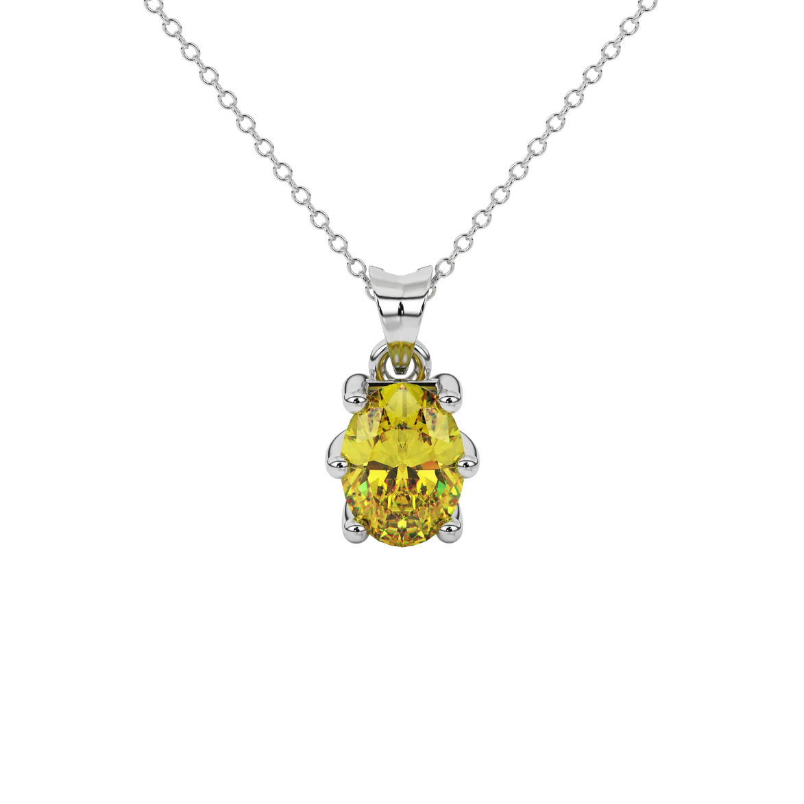 Oval cut canary yellow gemstone pendant, white gold six prong setting.