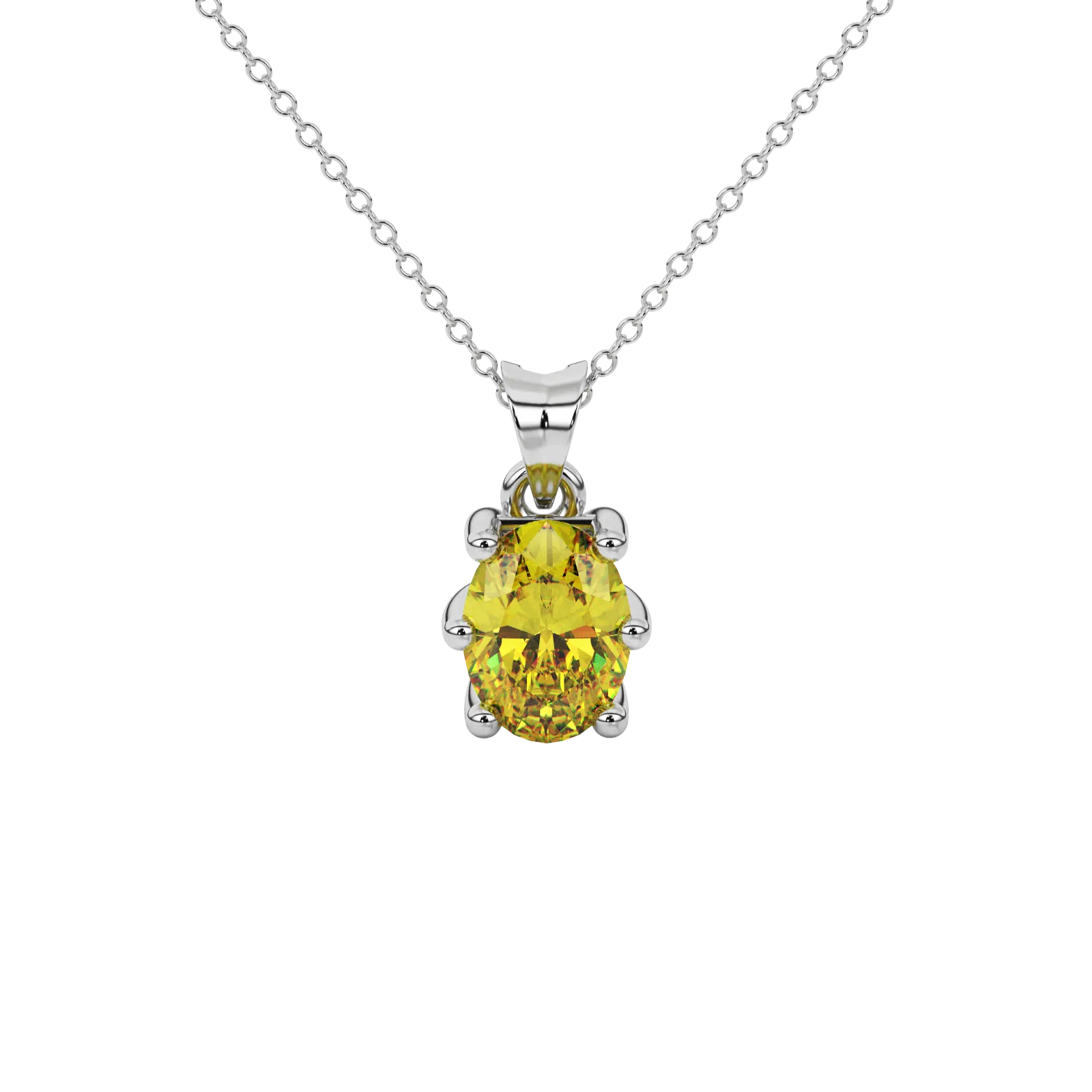 Oval cut canary yellow gemstone pendant, white gold six prong setting.