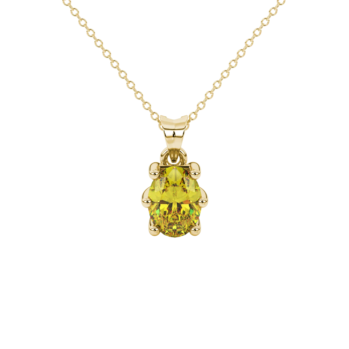Oval cut canary yellow gemstone pendant, yellow gold six prong setting.