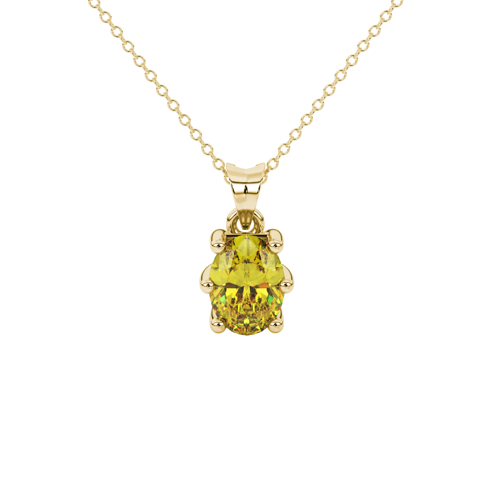 Oval cut canary yellow gemstone pendant, yellow gold six prong setting.