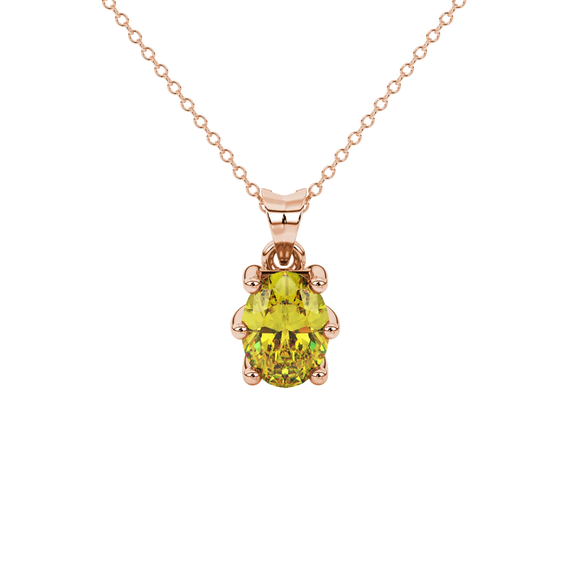 Oval cut canary yellow gemstone pendant, rose gold six prong setting.