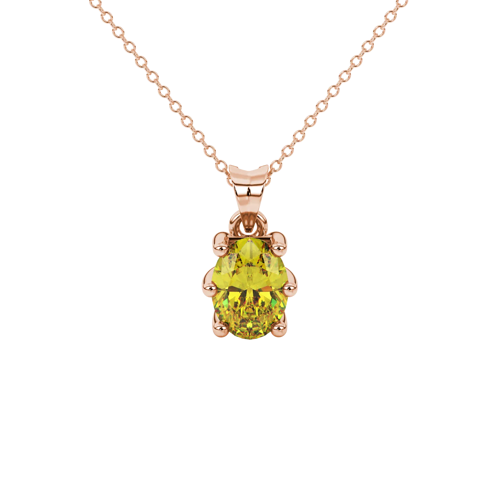 Oval cut canary yellow gemstone pendant, rose gold six prong setting.