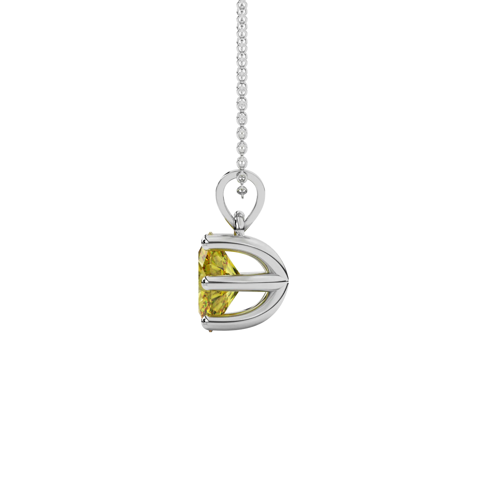 Side profile, white gold canary yellow pendant, six prong gallery.