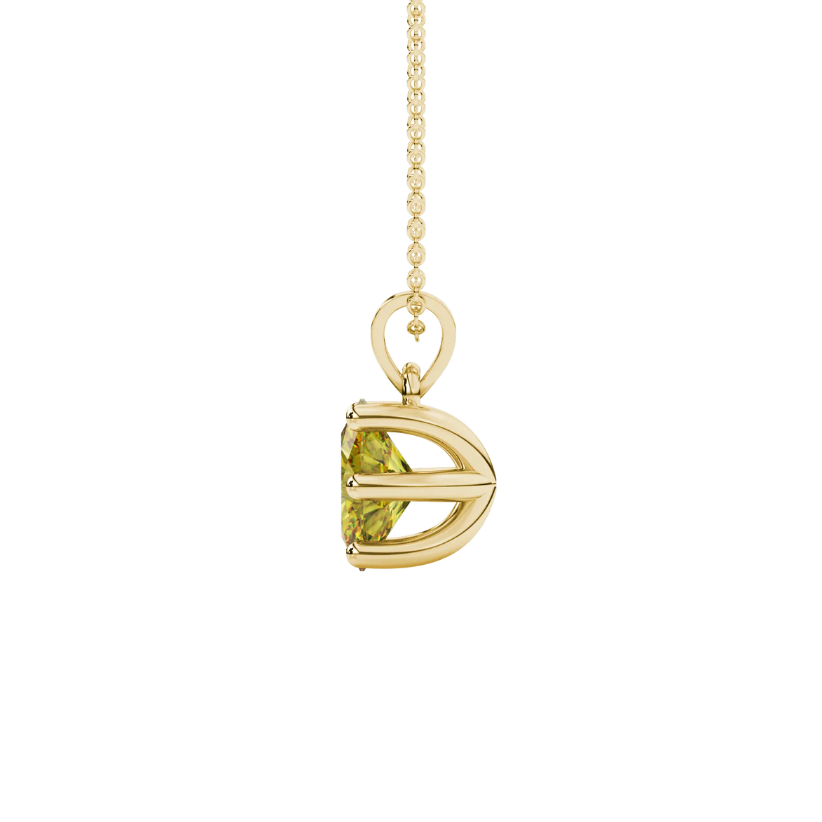 Side profile, yellow gold canary yellow pendant, six prong gallery.