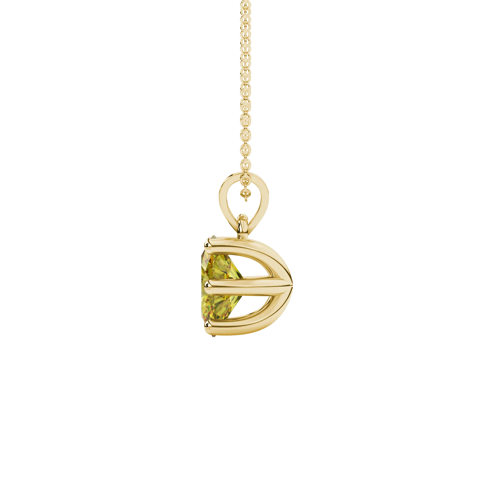 Side profile, yellow gold canary yellow pendant, six prong gallery.