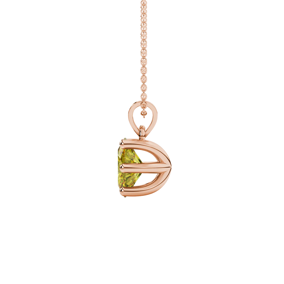 Side profile, rose gold canary yellow pendant, six prong gallery.