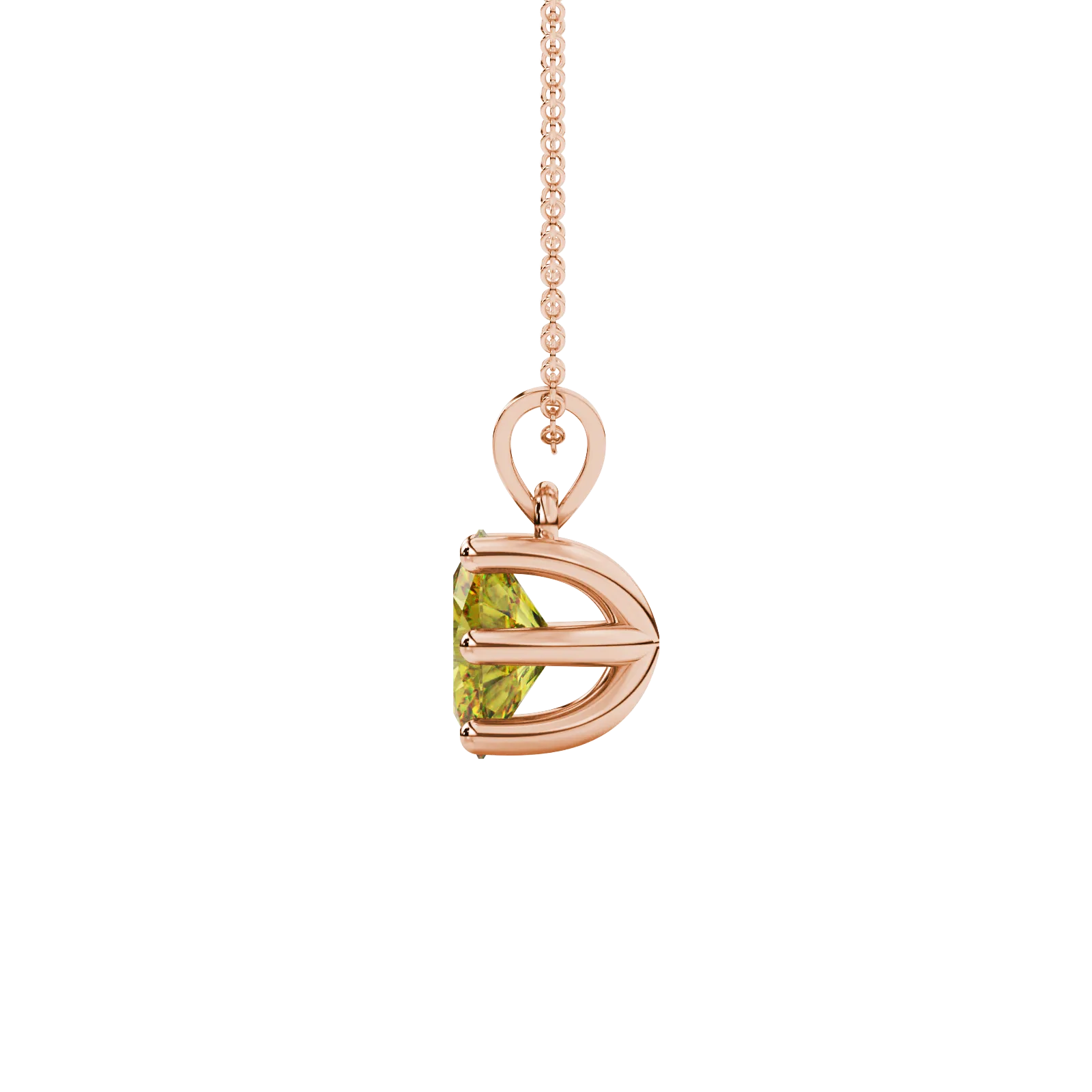Side profile, rose gold canary yellow pendant, six prong gallery.