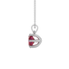 Side profile, white gold raspberry red pendant, six prong gallery.