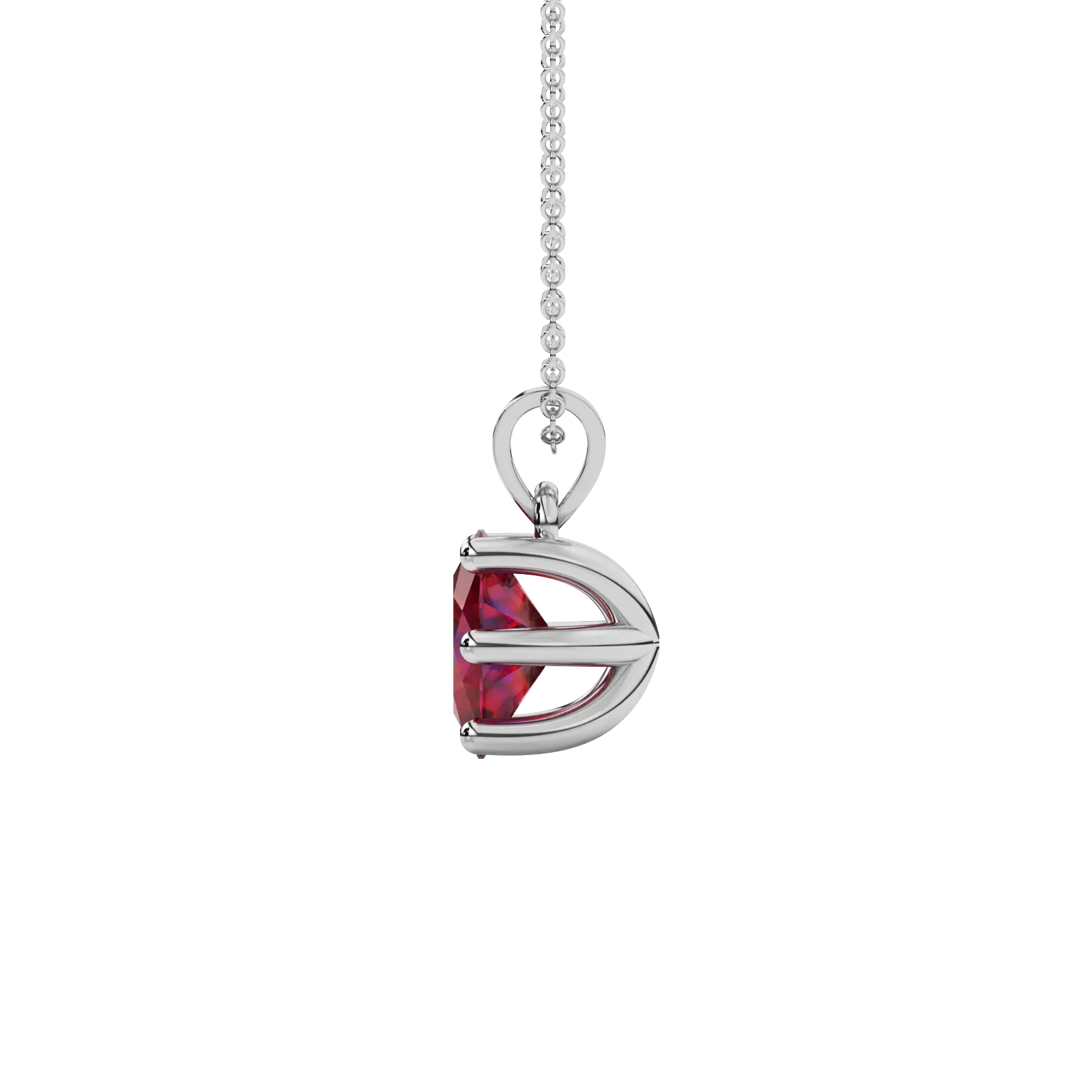 Side profile, white gold raspberry red pendant, six prong gallery.