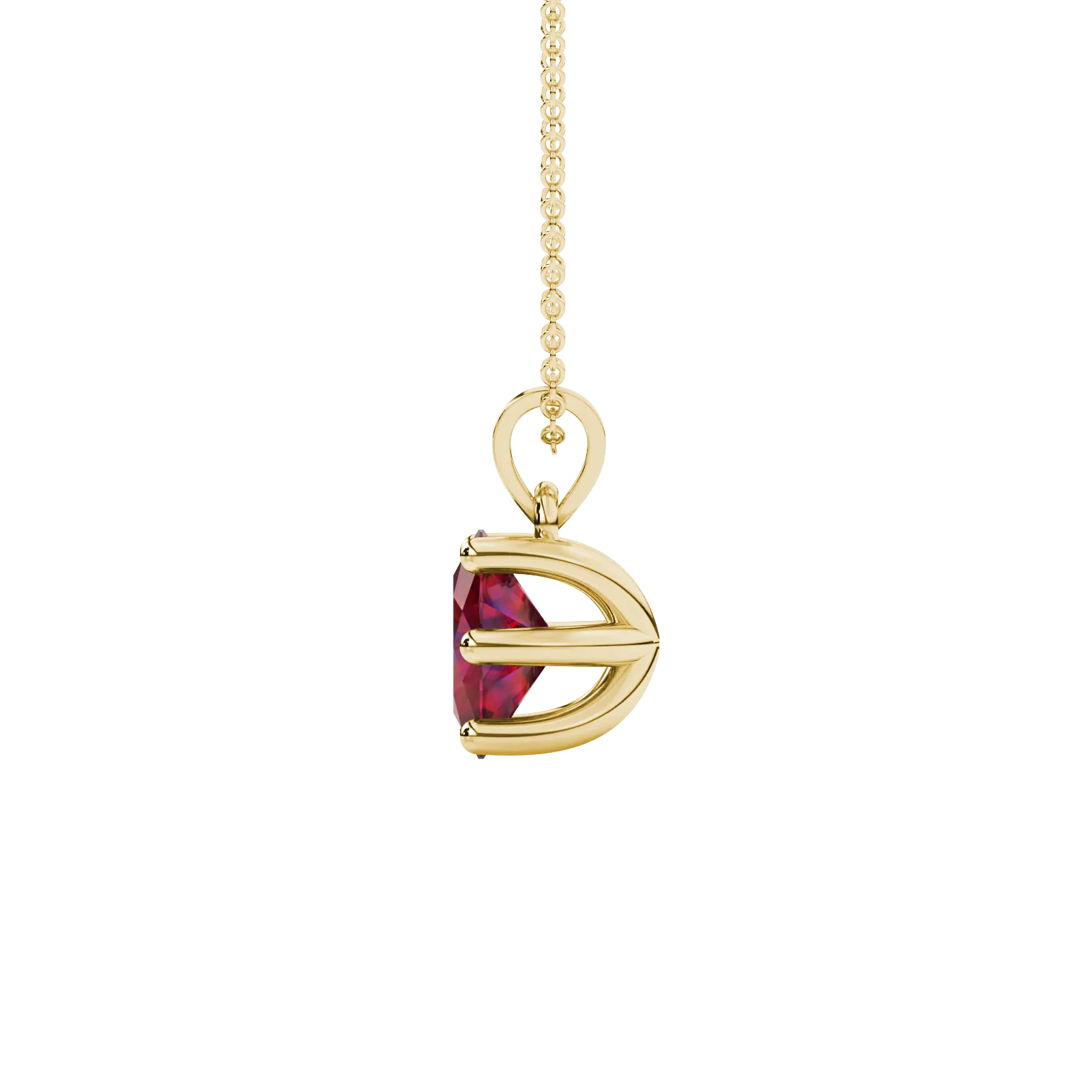Side profile, yellow gold raspberry red pendant, six prong gallery.