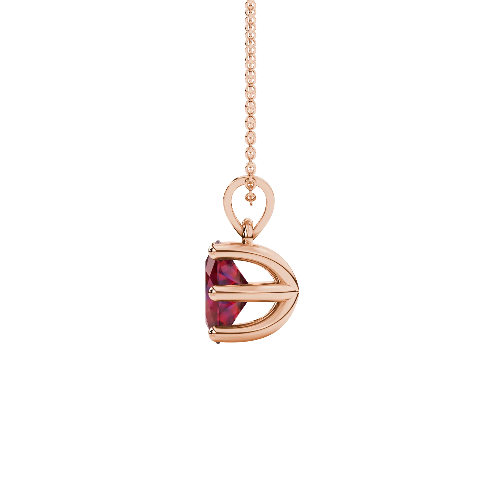 Side profile, rose gold raspberry red pendant, six prong gallery.