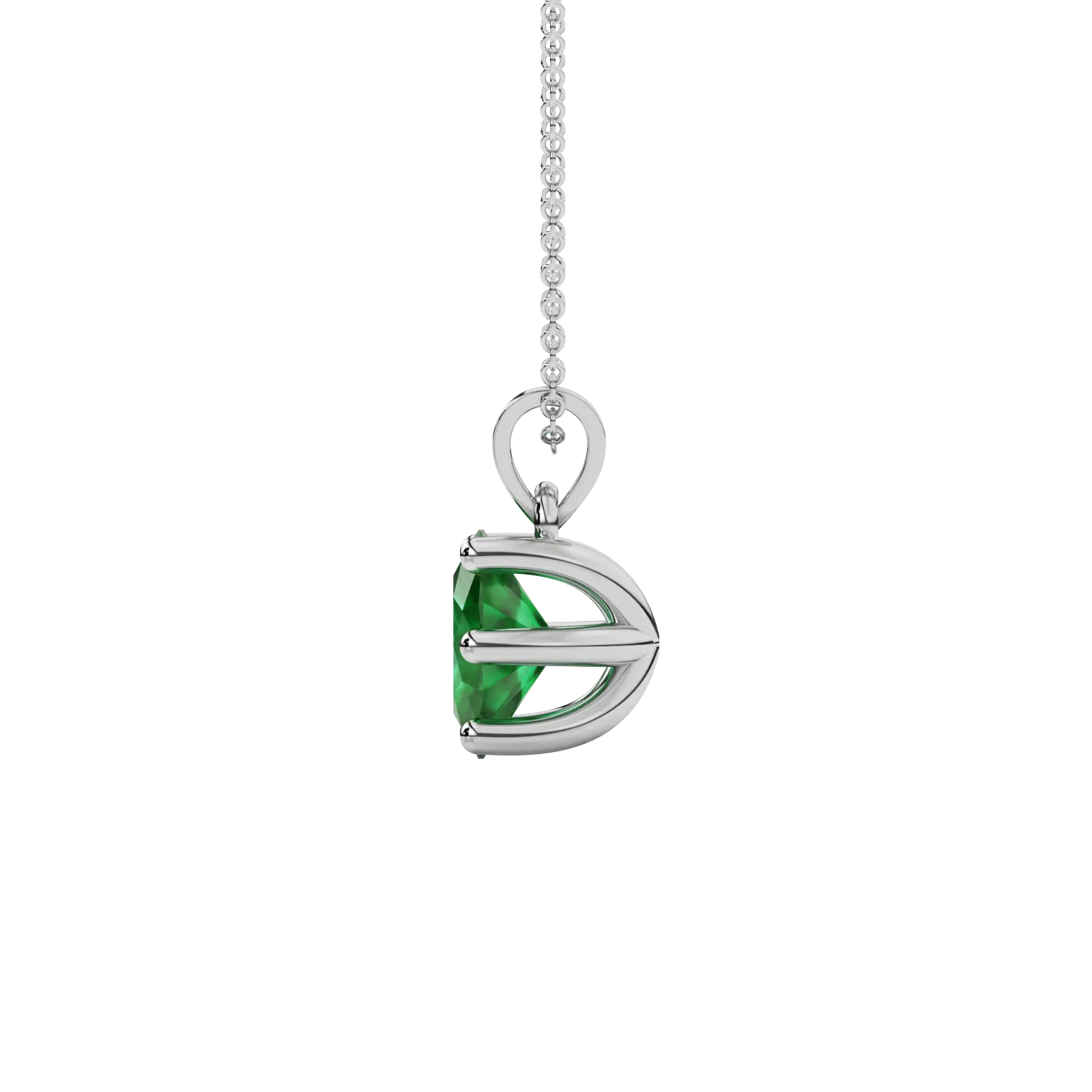 Side profile, white gold emerald green pendant, six prong gallery.