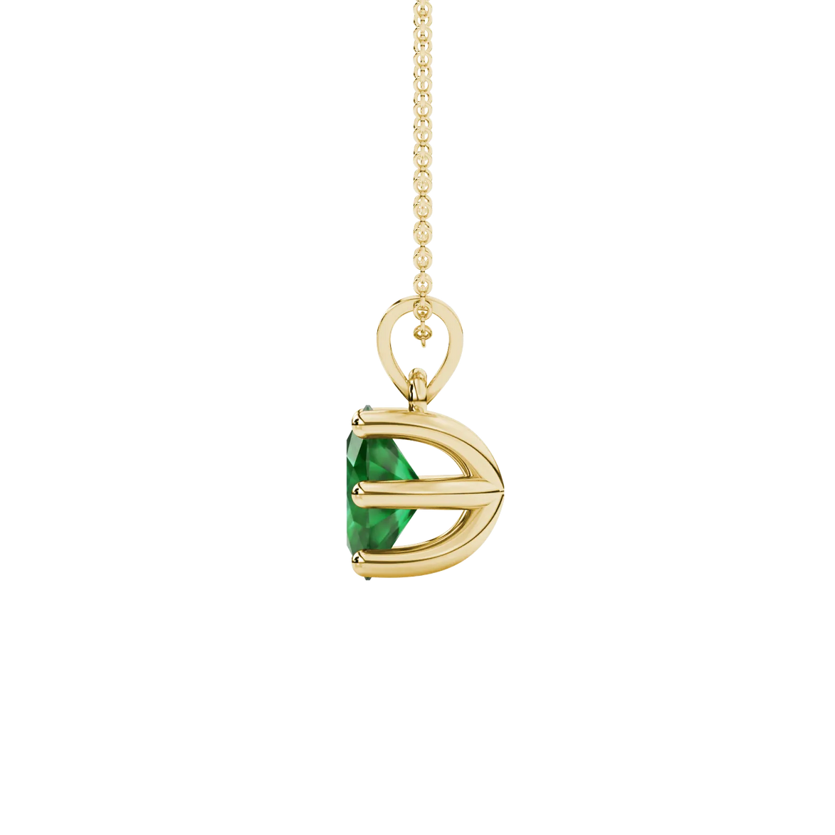 Side profile, yellow gold emerald green pendant, six prong gallery.