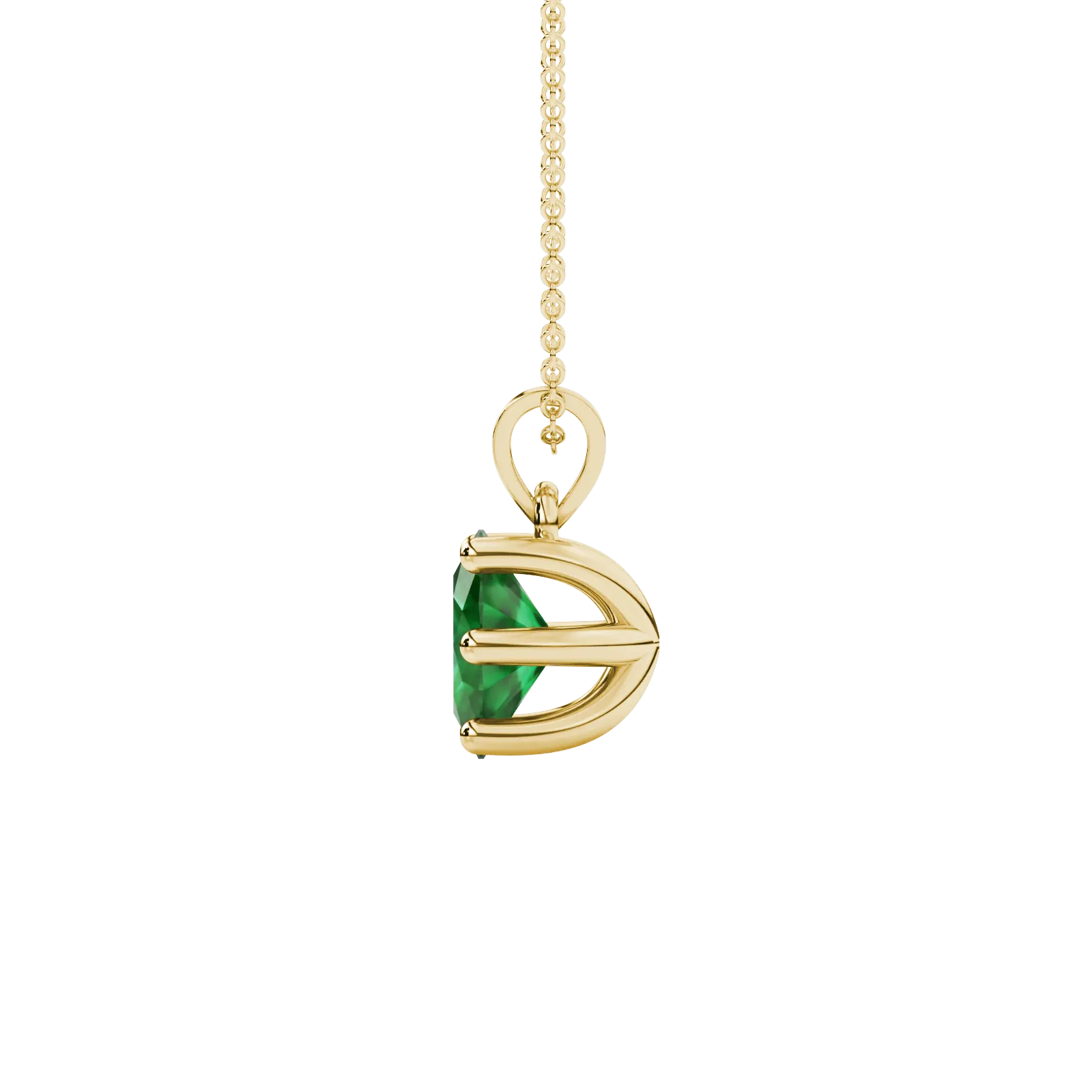 Side profile, yellow gold emerald green pendant, six prong gallery.