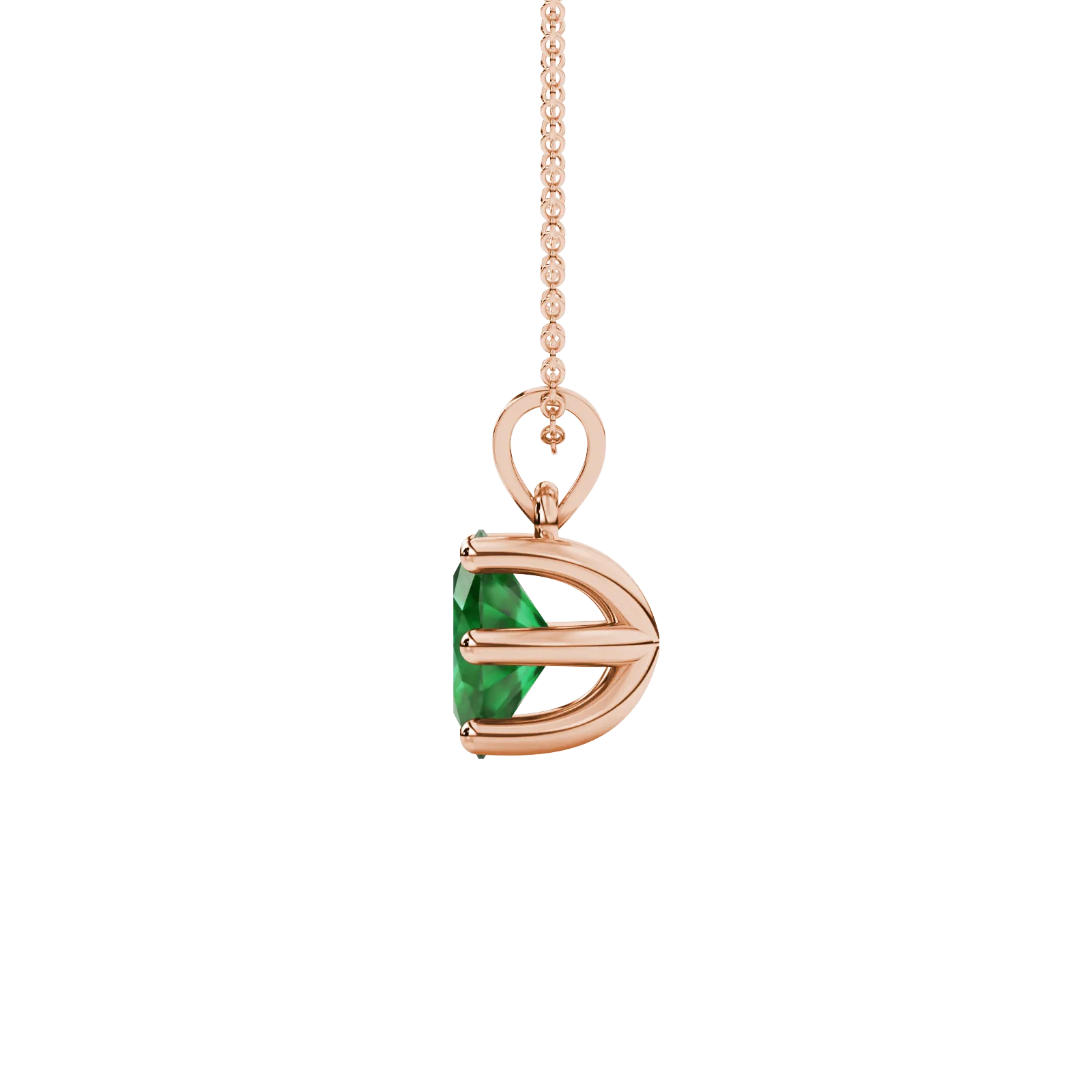 Side profile, rose gold emerald green pendant, six prong gallery.