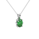 Close-up oval cut emerald green gemstone pendant, white gold six prong setting.
