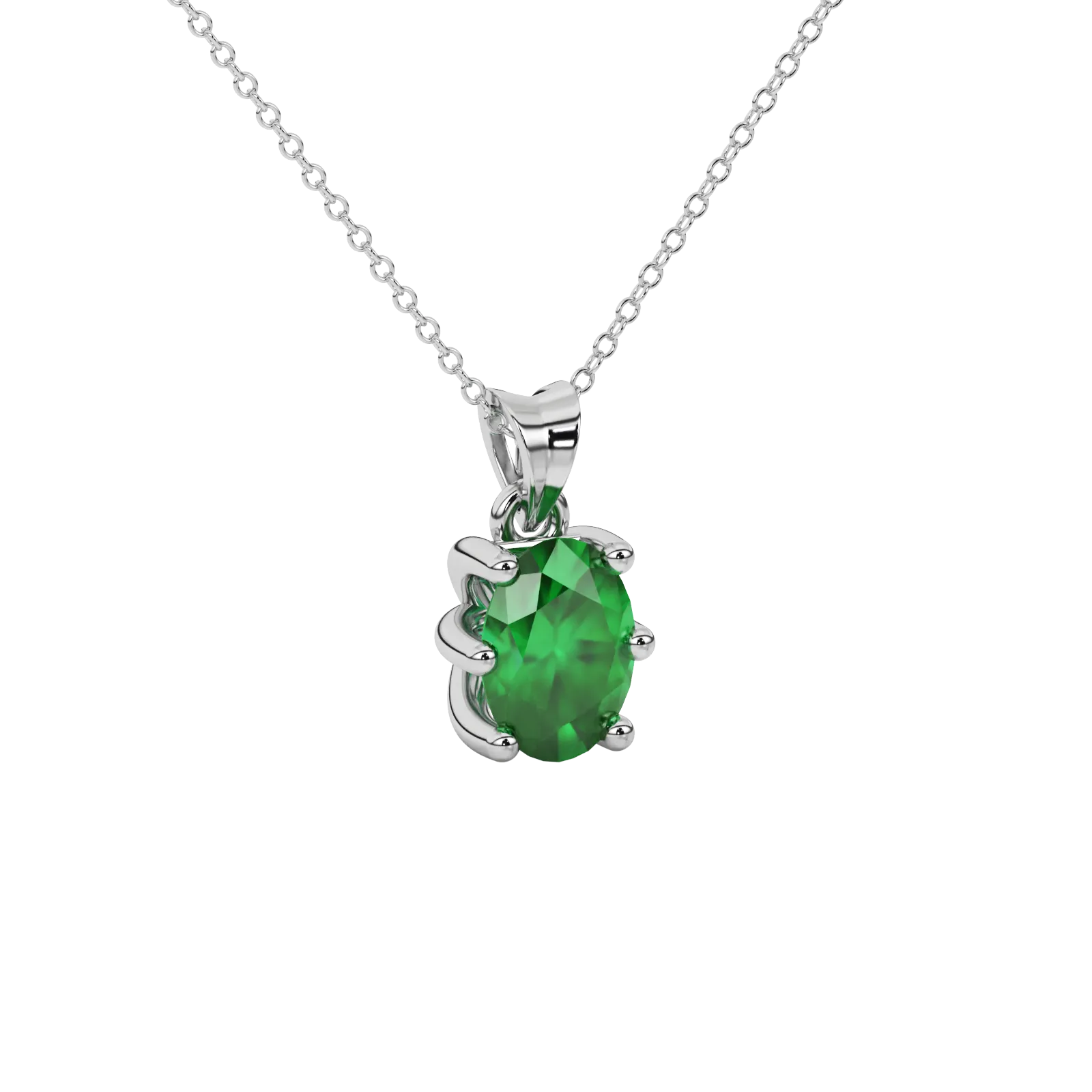 Close-up oval cut emerald green gemstone pendant, white gold six prong setting.