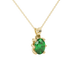 Close-up, oval cut emerald green gemstone, yellow gold six prong pendant.
