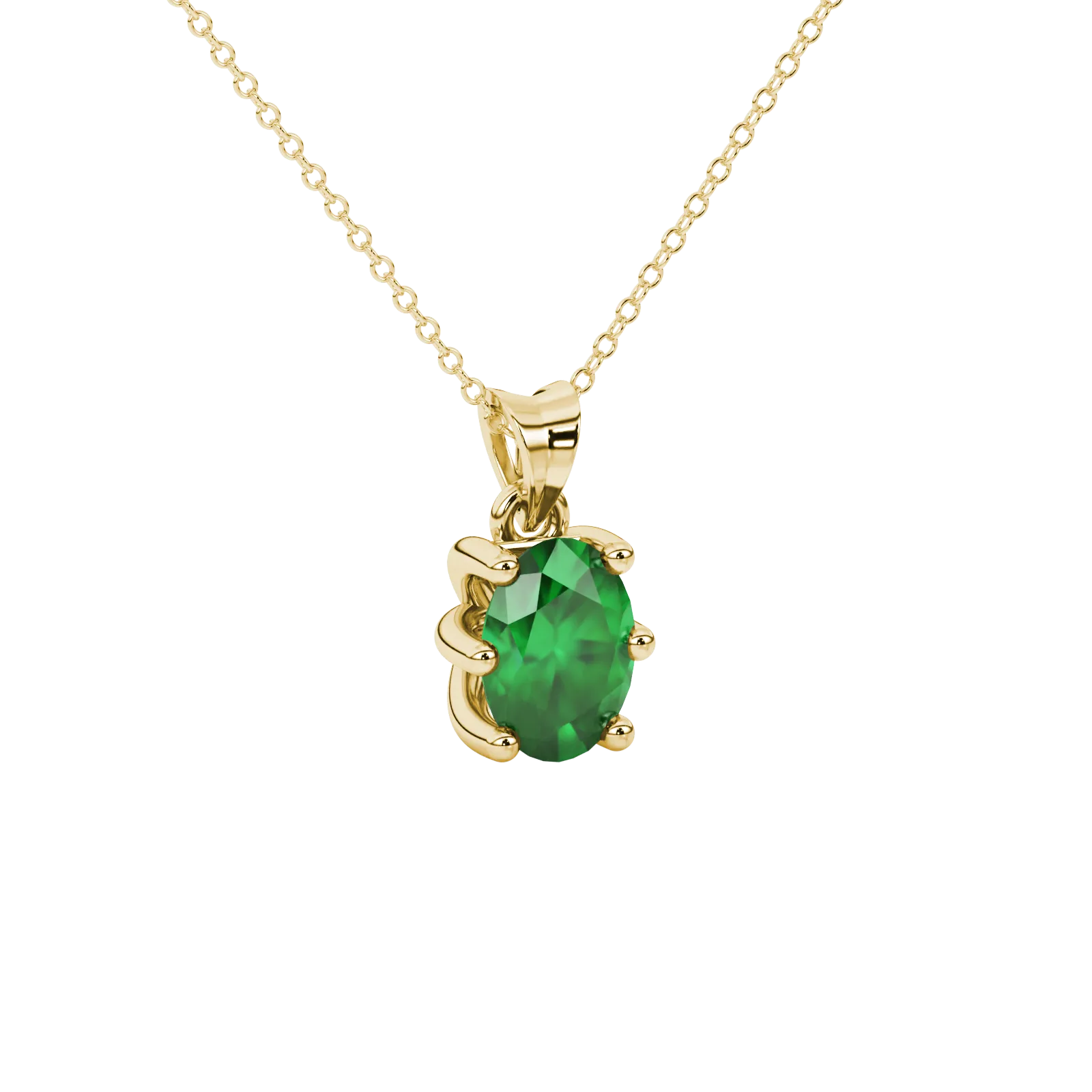 Close-up, oval cut emerald green gemstone, yellow gold six prong pendant.