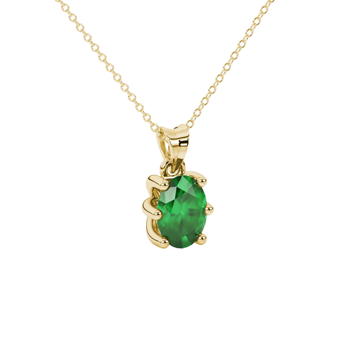 Close-up, oval cut emerald green gemstone, yellow gold six prong pendant.