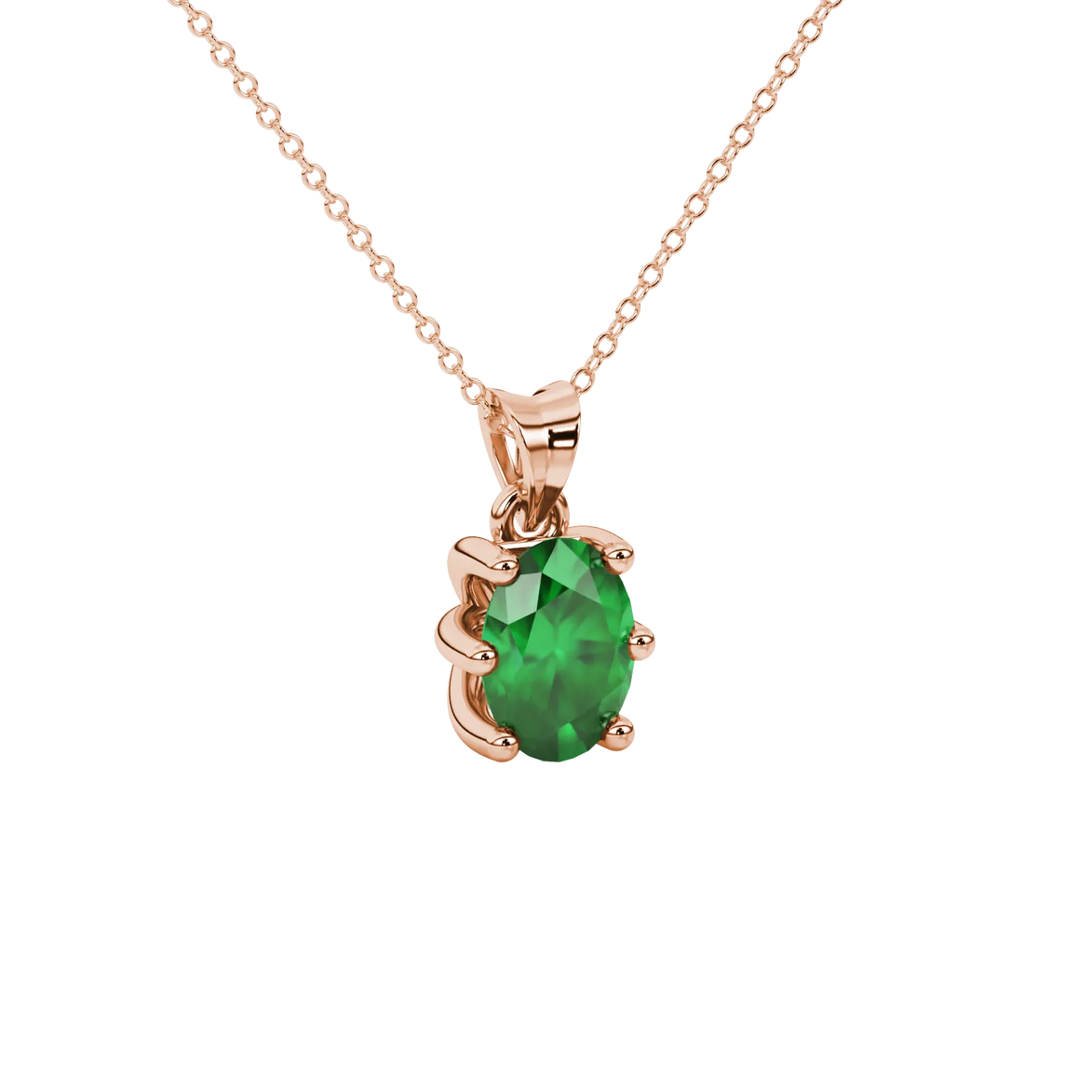 Close-up, oval cut emerald green gemstone pendant, rose gold six prong setting.