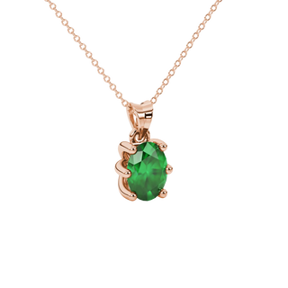Close-up, oval cut emerald green gemstone pendant, rose gold six prong setting.