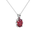 Close-up oval cut raspberry red gemstone pendant, white gold six prong setting.