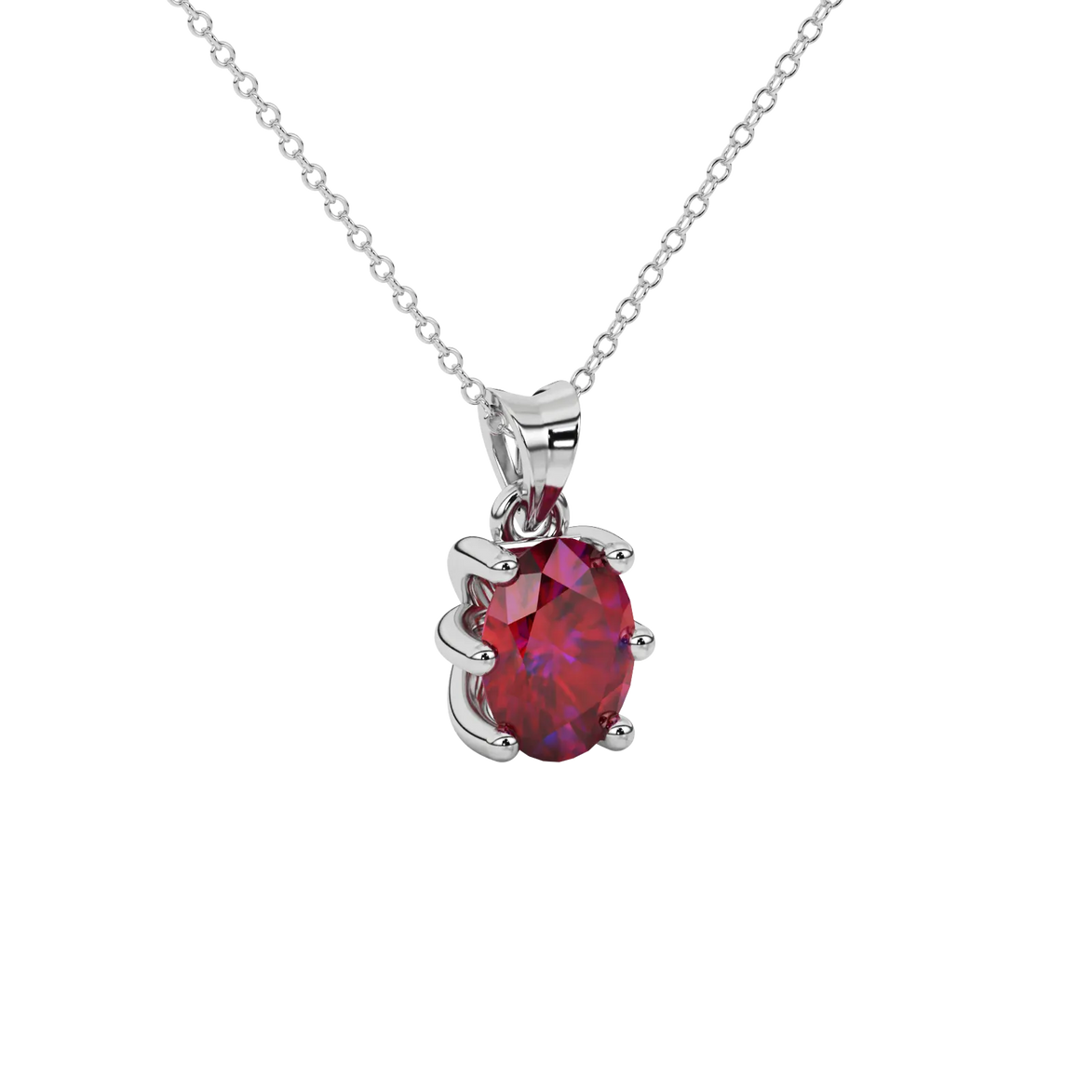 Close-up oval cut raspberry red gemstone pendant, white gold six prong setting.
