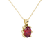 Close-up, oval cut raspberry red gemstone, yellow gold six prong pendant.