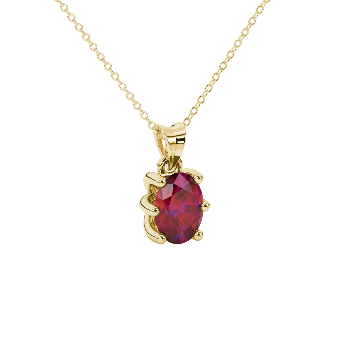 Close-up, oval cut raspberry red gemstone, yellow gold six prong pendant.