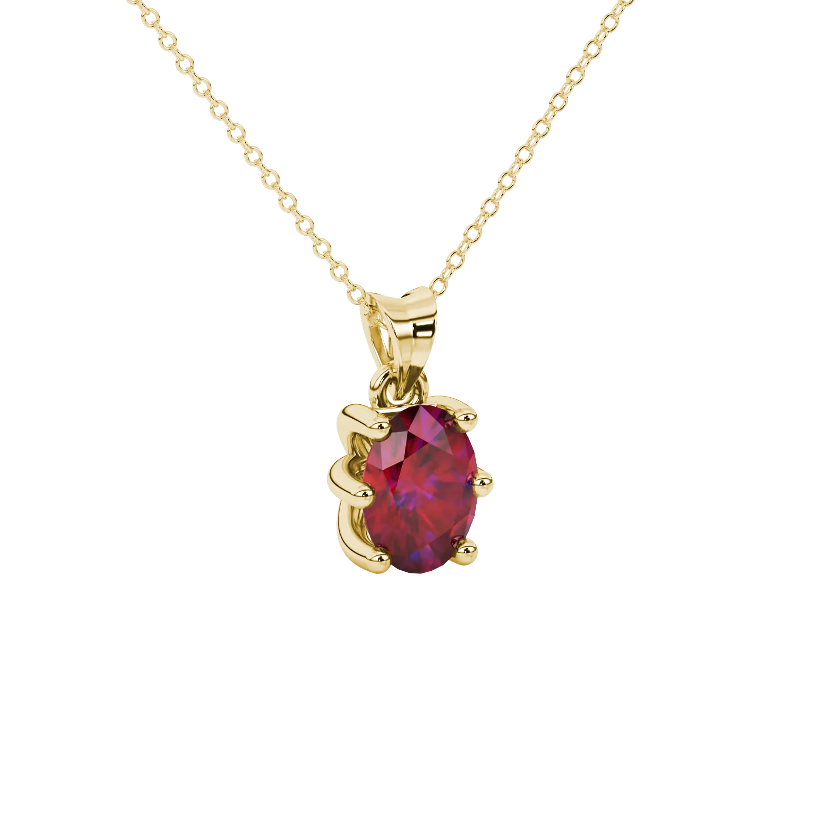 Close-up, oval cut raspberry red gemstone, yellow gold six prong pendant.