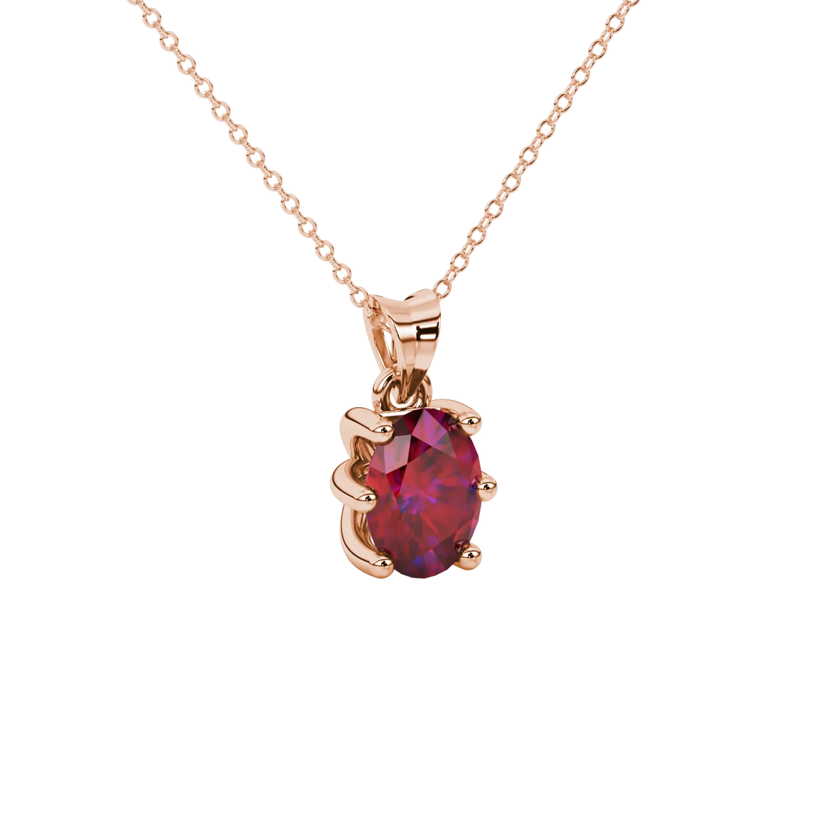 Close-up, oval cut raspberry red gemstone pendant, rose gold six prong setting.