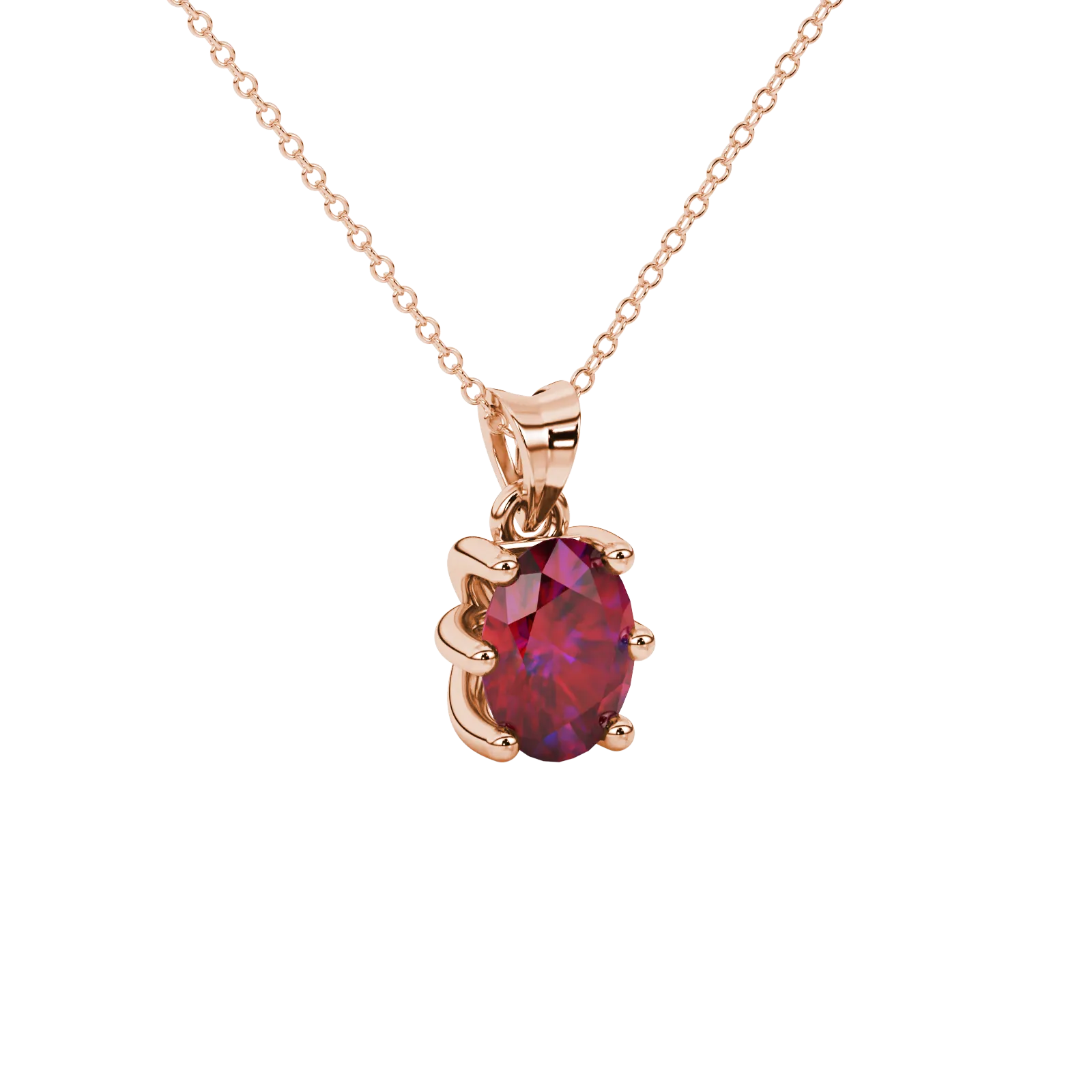 Close-up, oval cut raspberry red gemstone pendant, rose gold six prong setting.