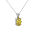 Close-up oval cut canary yellow gemstone pendant, white gold six prong setting.