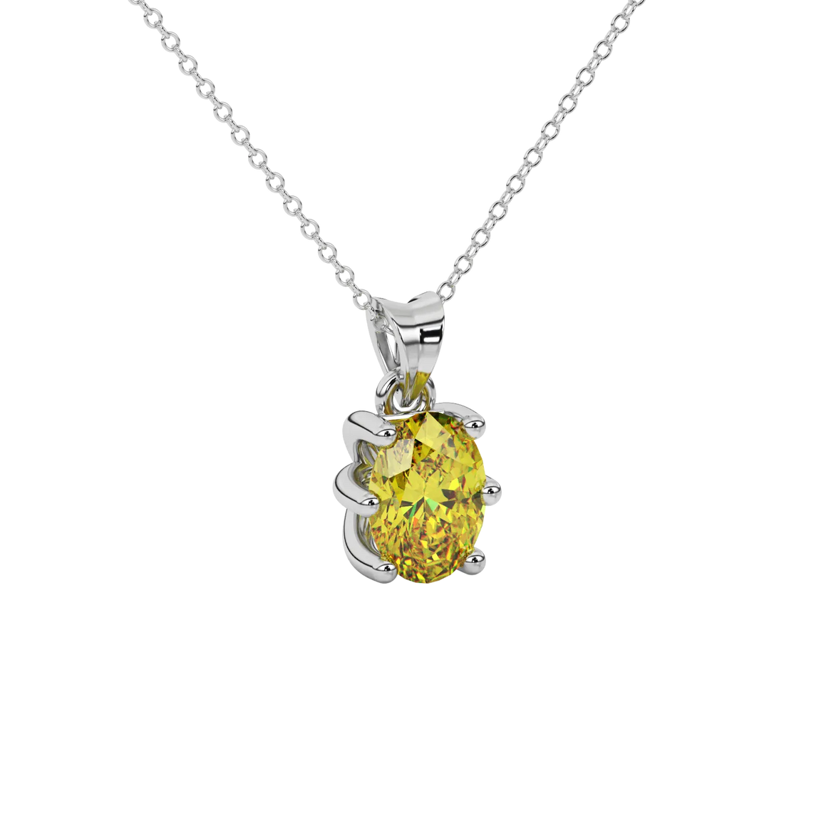 Close-up oval cut canary yellow gemstone pendant, white gold six prong setting.