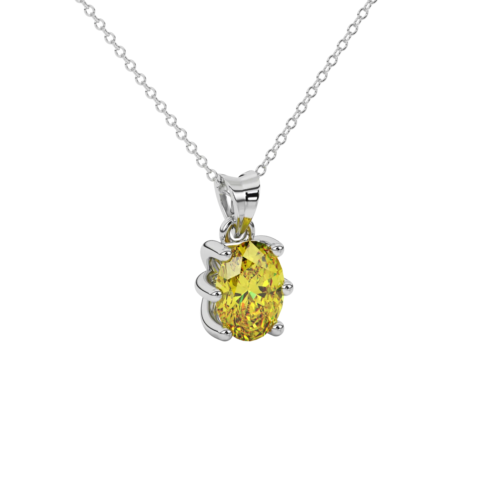Close-up oval cut canary yellow gemstone pendant, white gold six prong setting.