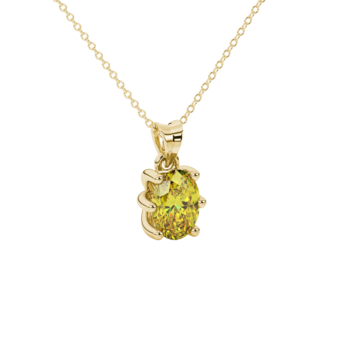 Close-up, oval cut canary yellow gemstone, yellow gold six prong pendant.