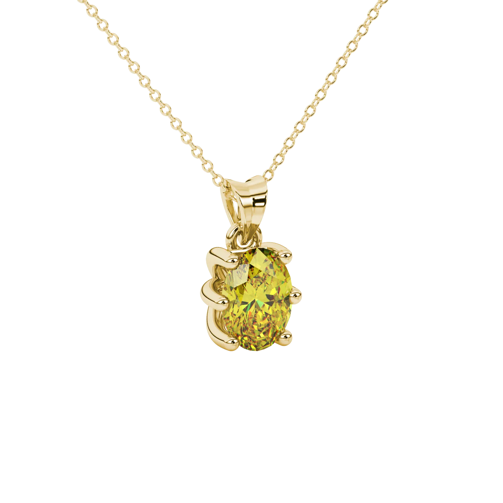 Close-up, oval cut canary yellow gemstone, yellow gold six prong pendant.
