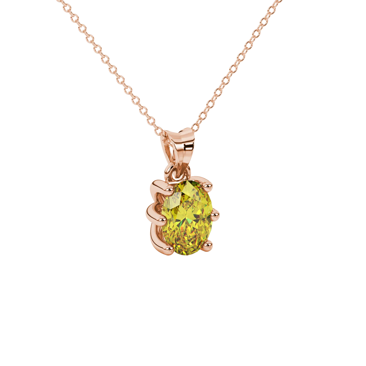 Close-up, oval cut canary yellow gemstone pendant, rose gold six prong setting.