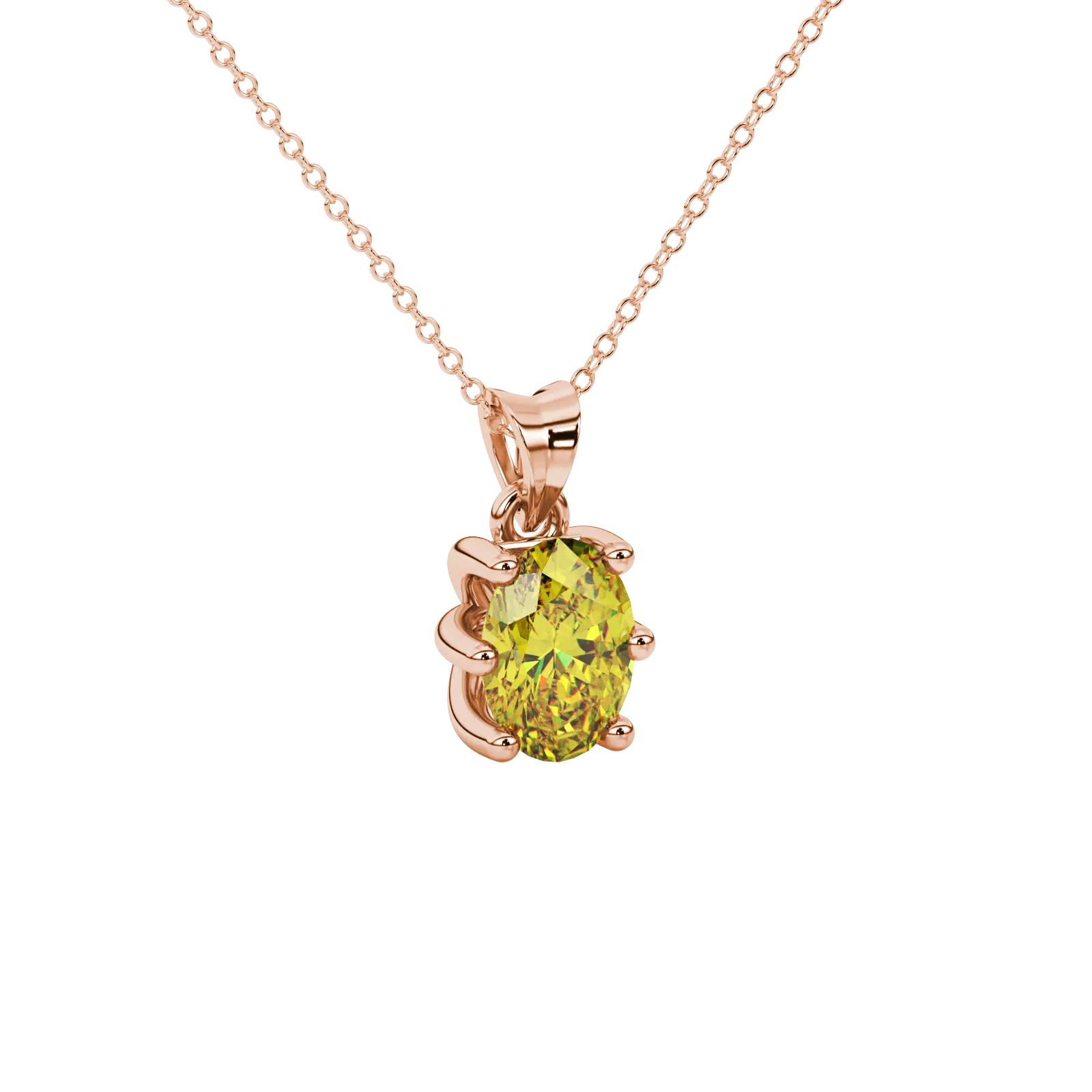 Close-up, oval cut canary yellow gemstone pendant, rose gold six prong setting.