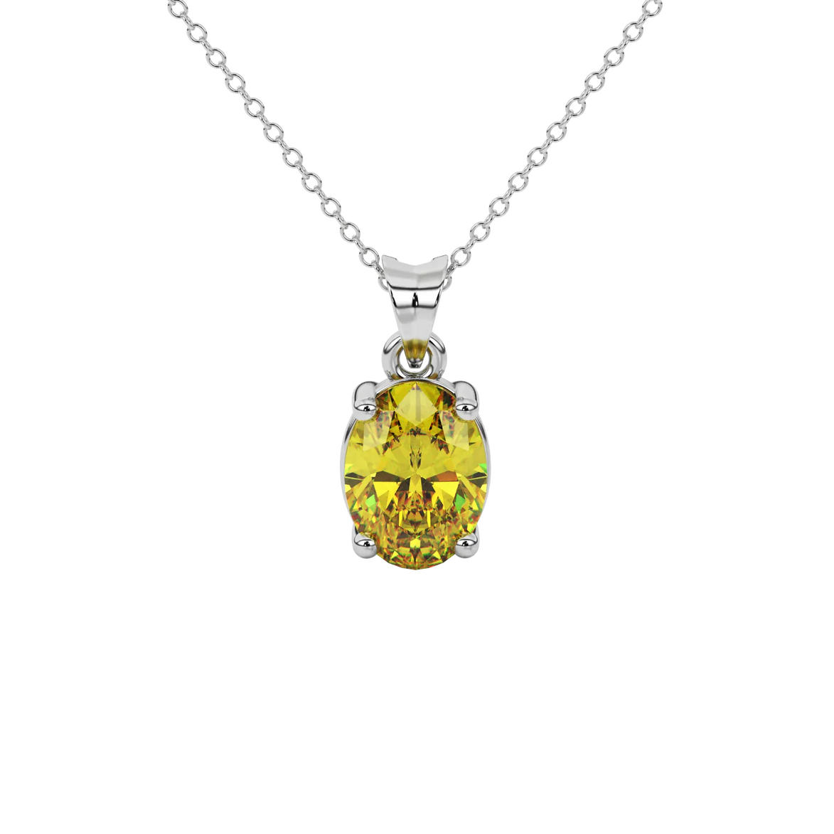 Oval cut canary yellow gemstone pendant, white gold classic basket setting.