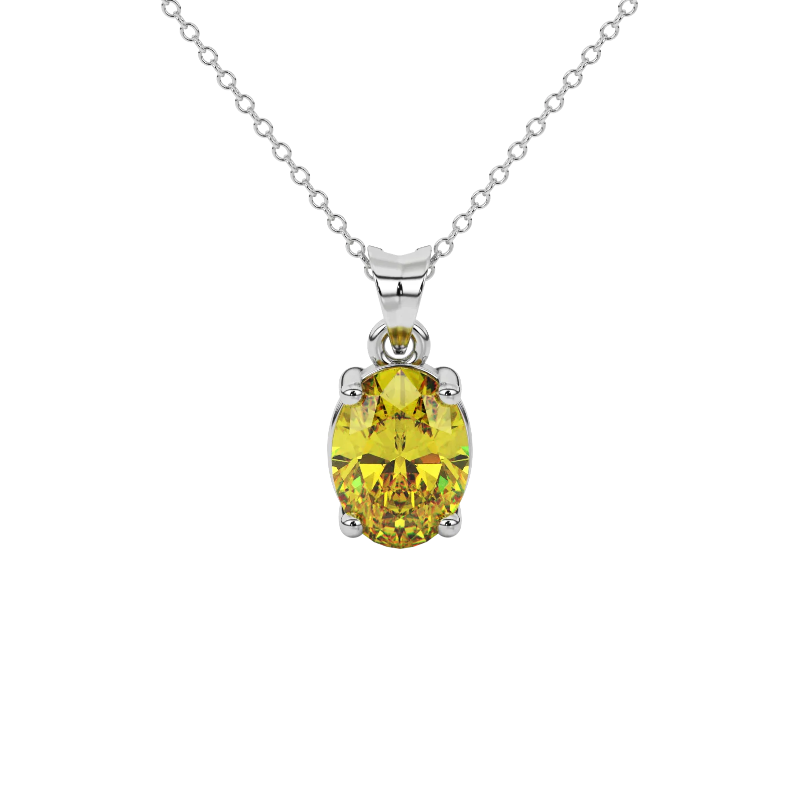 Oval cut canary yellow gemstone pendant, white gold classic basket setting.