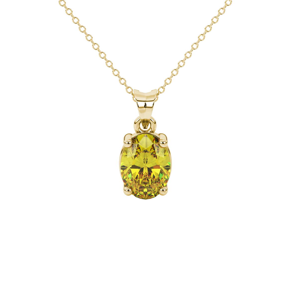 Oval cut canary yellow gemstone pendant, yellow gold classic basket setting.
