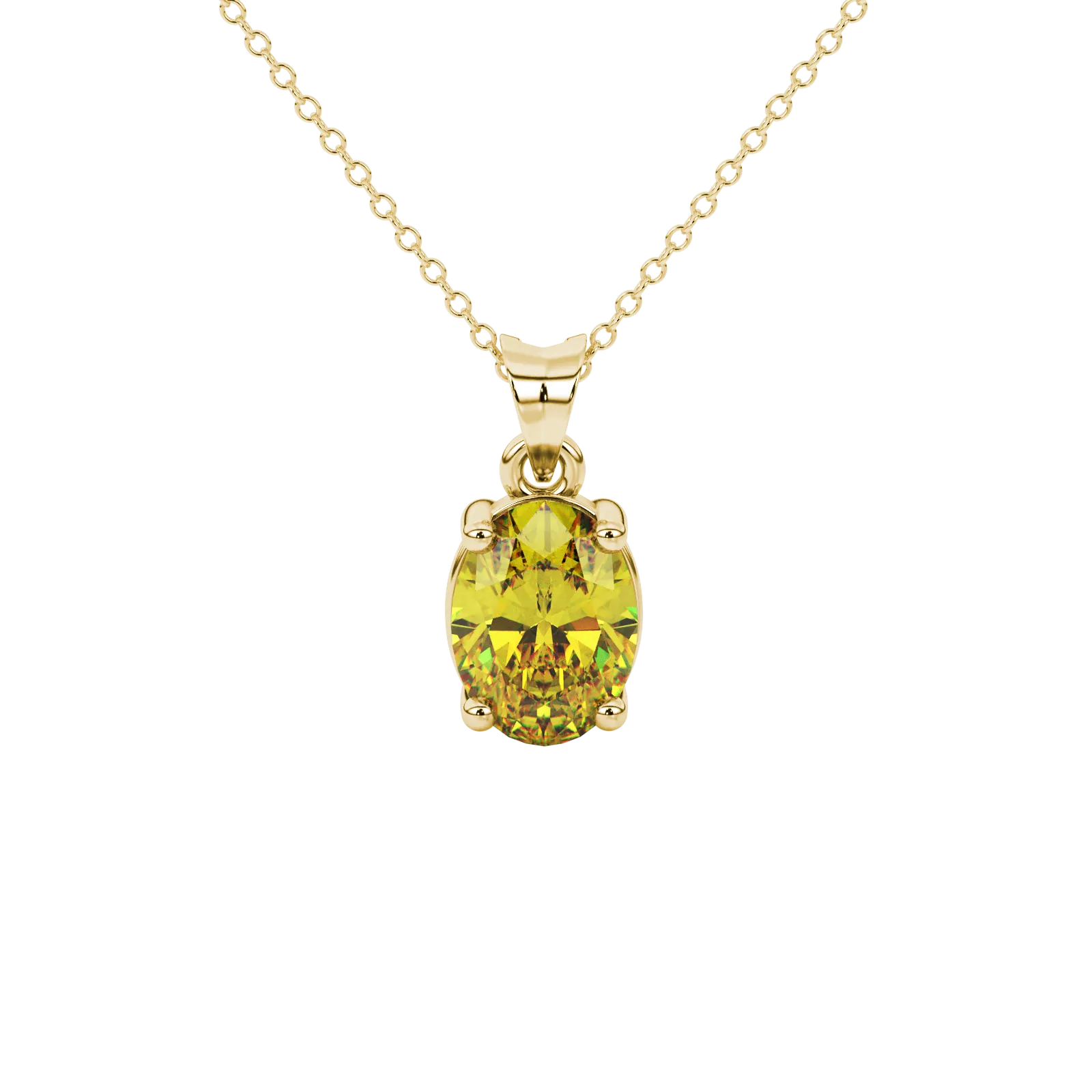 Oval cut canary yellow gemstone pendant, yellow gold classic basket setting.