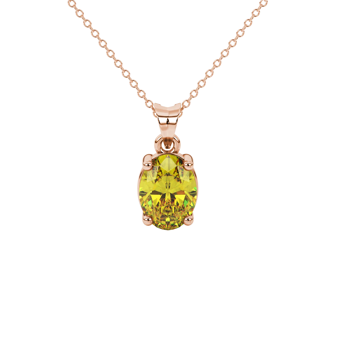Oval cut canary yellow gemstone pendant, rose gold classic basket setting.