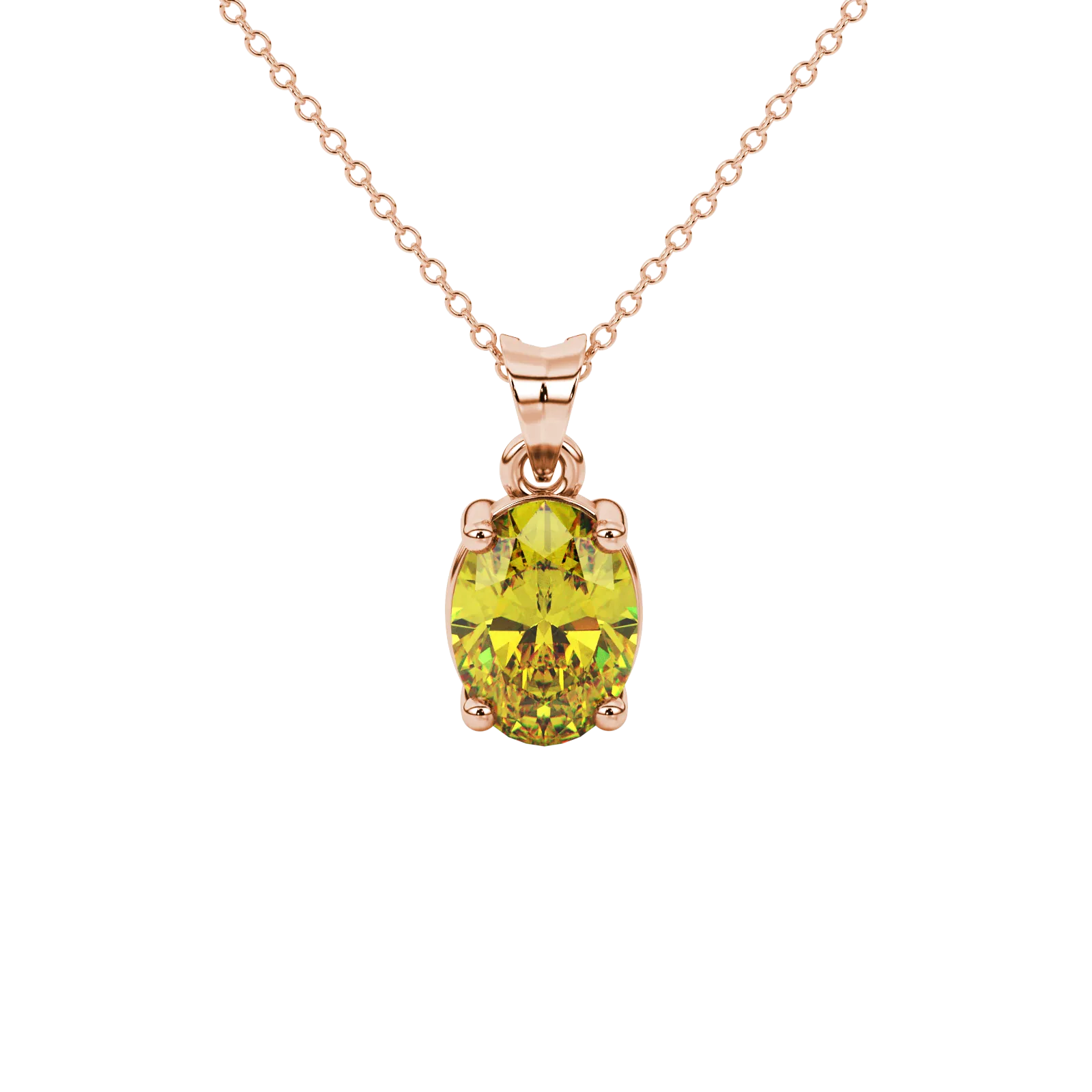Oval cut canary yellow gemstone pendant, rose gold classic basket setting.
