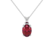 Oval cut raspberry red gemstone pendant, white gold classic basket setting.